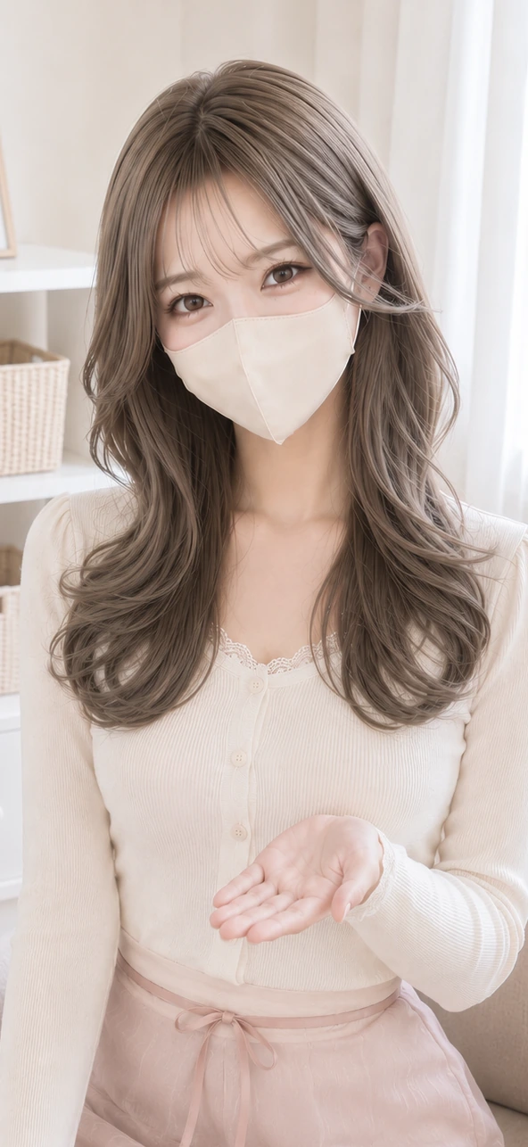 マスク着用で配信する様子（リップルのデバイスを手に持つ）